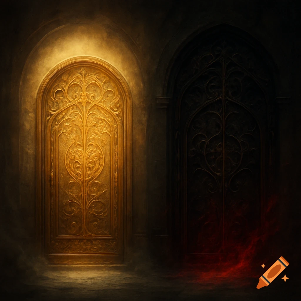 Two ornate arched doors, one golden and brightly lit, the other dark with red glowing mist at its base, in a shadowy corridor.