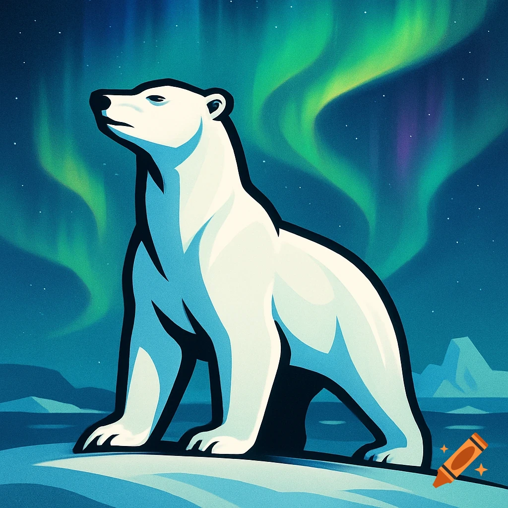 A stylized polar bear stands on ice under a night sky with vibrant green and purple aurora borealis.