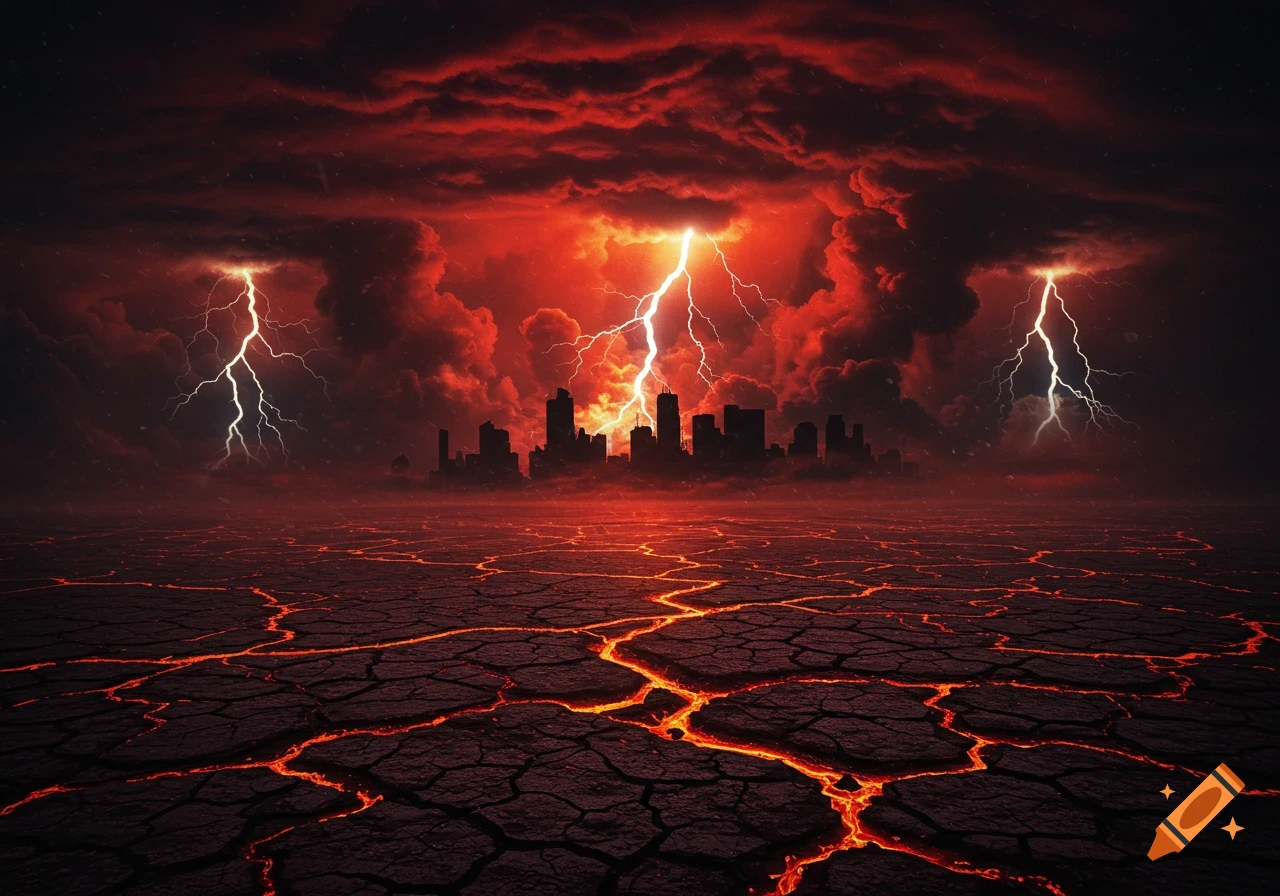 Dark, fiery red apocalyptic sky with lightning striking a silhouetted city above cracked, glowing ground.