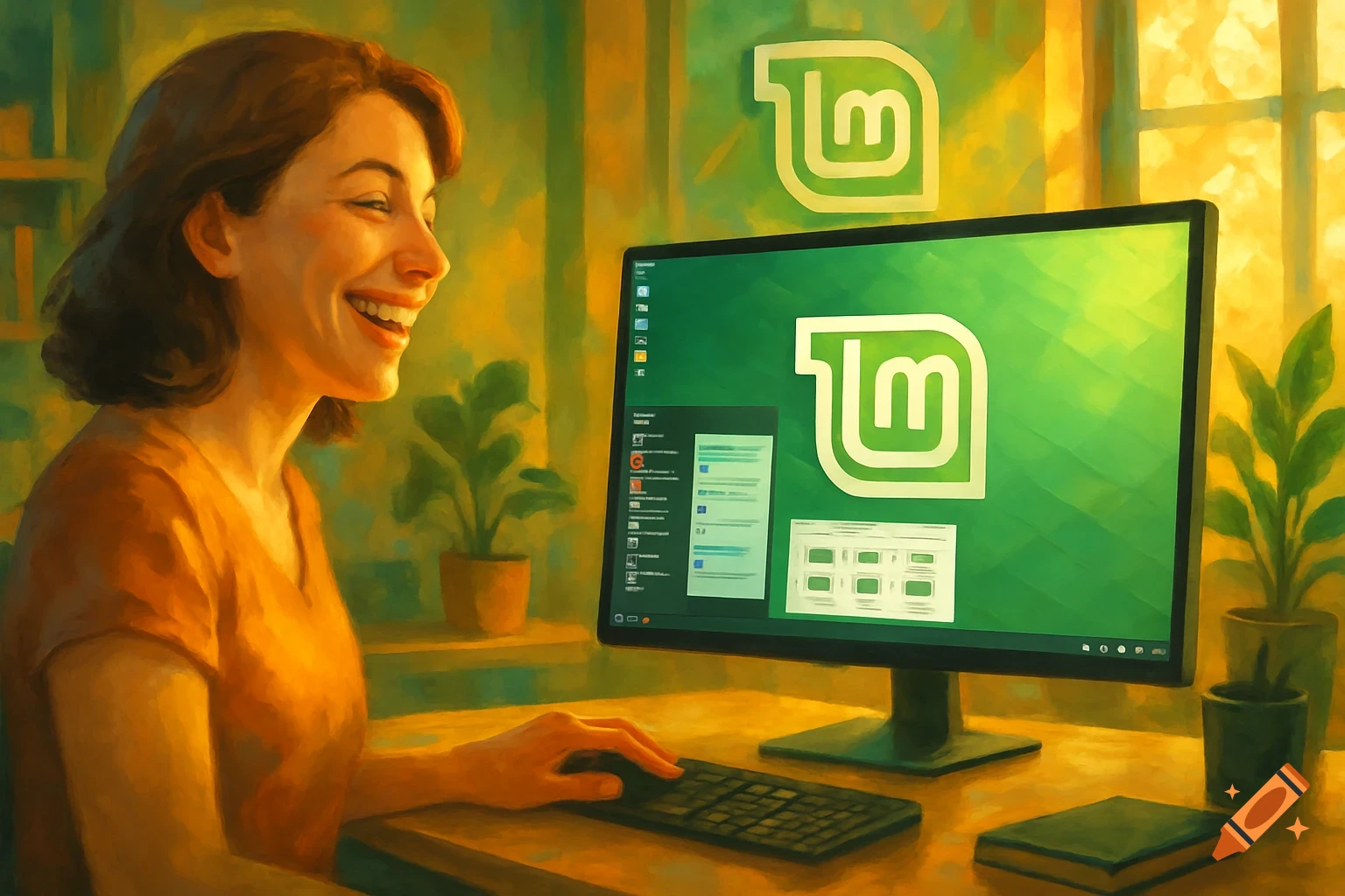 A smiling woman with brown hair sits at a desk, happily using a computer displaying the green Linux Mint interface and logo, in a painterly style.