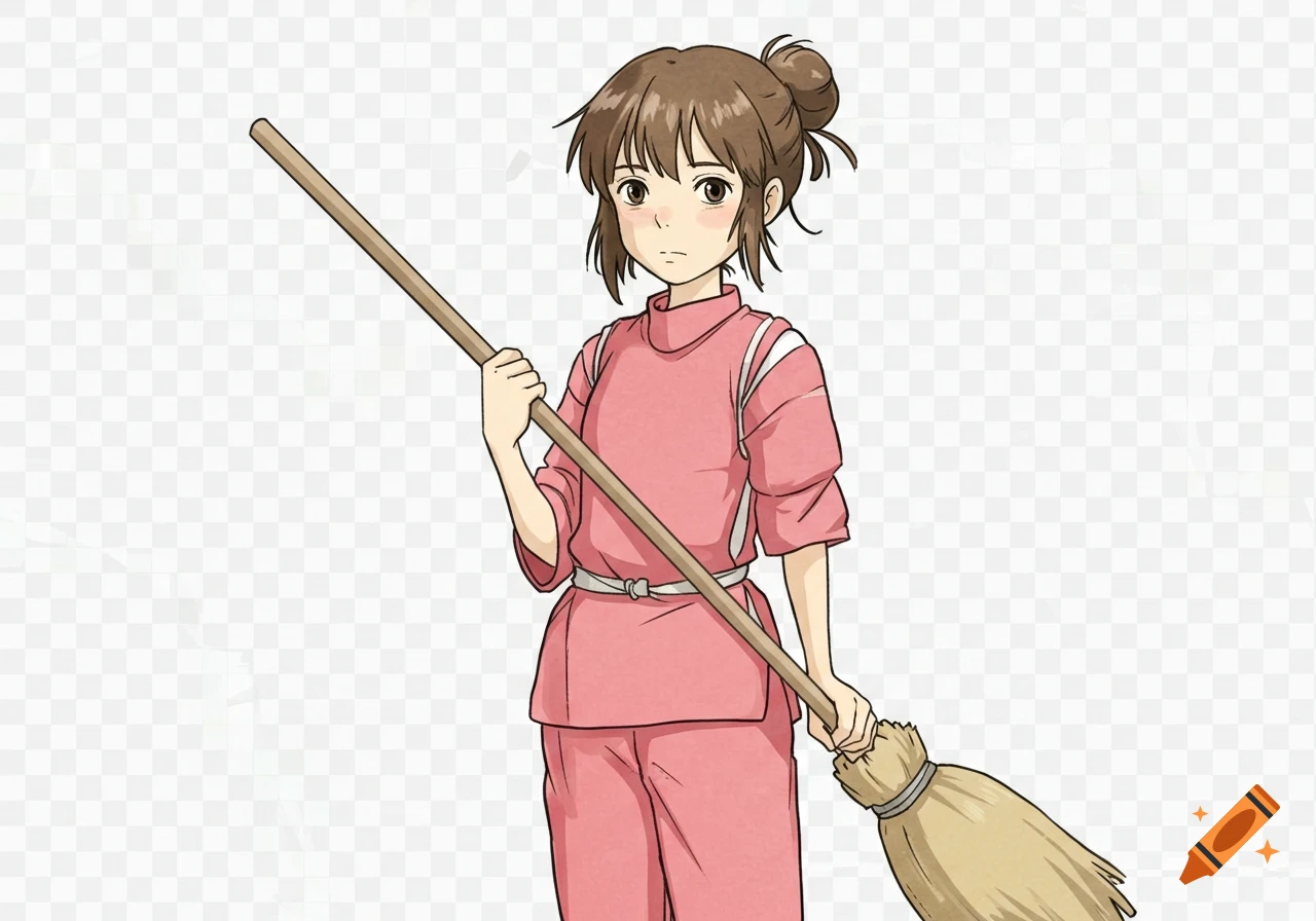 Anime girl in pink outfit holding a broom, Ghibli style, transparent background.