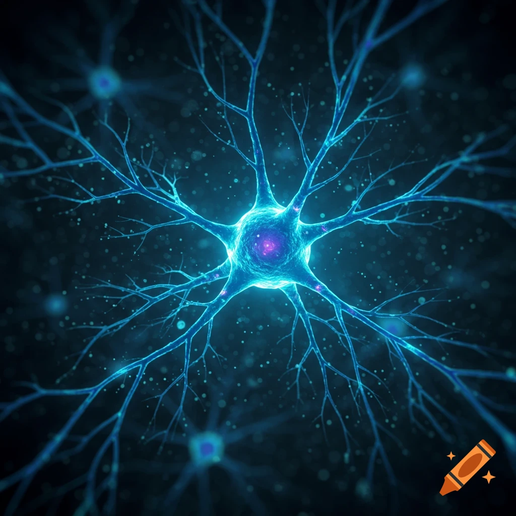 A glowing blue neuron with a purple core and intricate dendrites against a dark background, showing other blurry neurons.