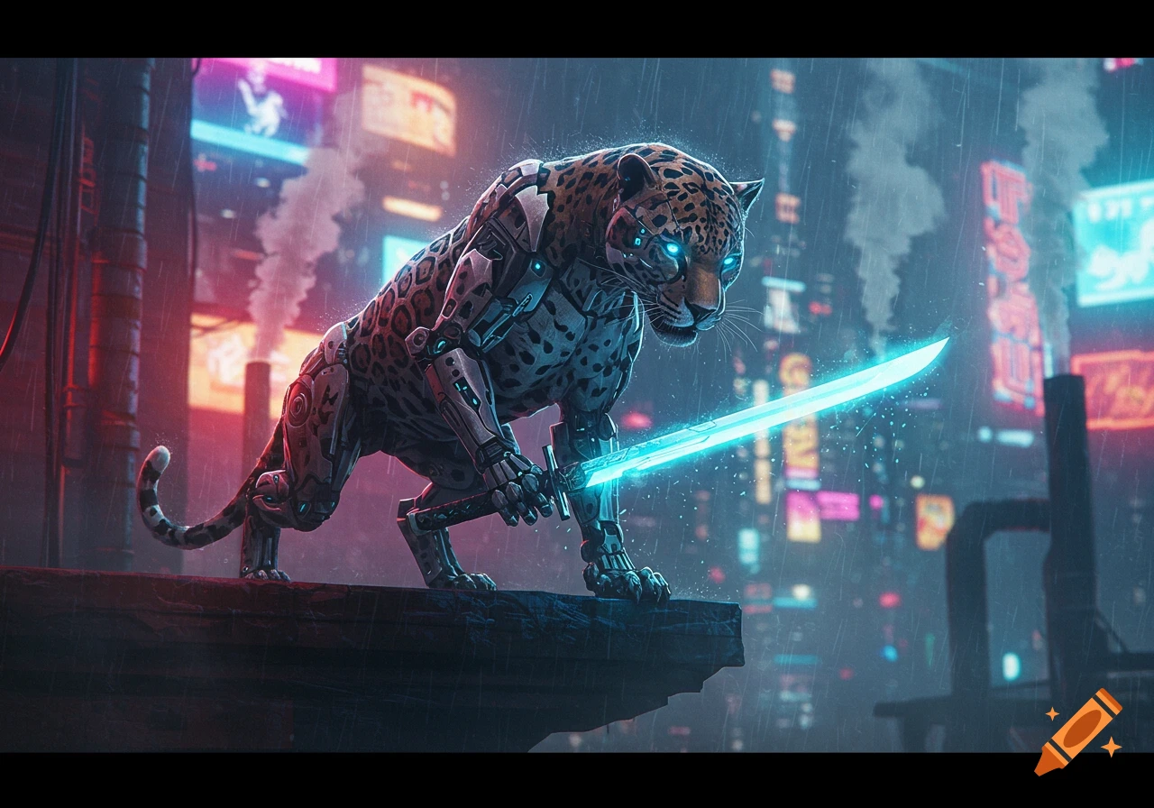 A cyberpunk jaguar with glowing blue eyes and mechanical parts holds a glowing blue sword in a rainy, neon-lit futuristic city.