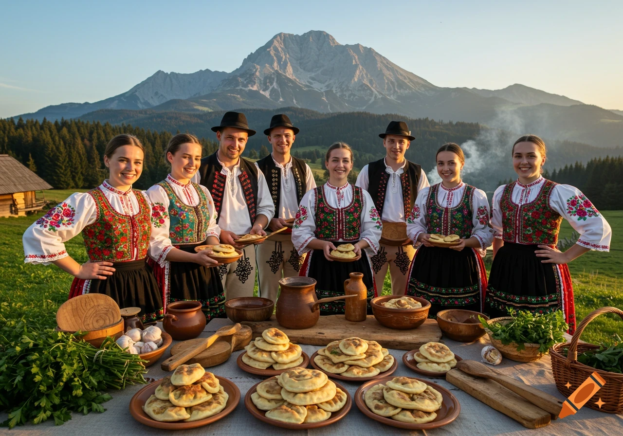 A group of happy people in traditional Slovak clothing stand around a table laden with Liptovské droby, with mountains and a cabin in the background, photorealistic style.