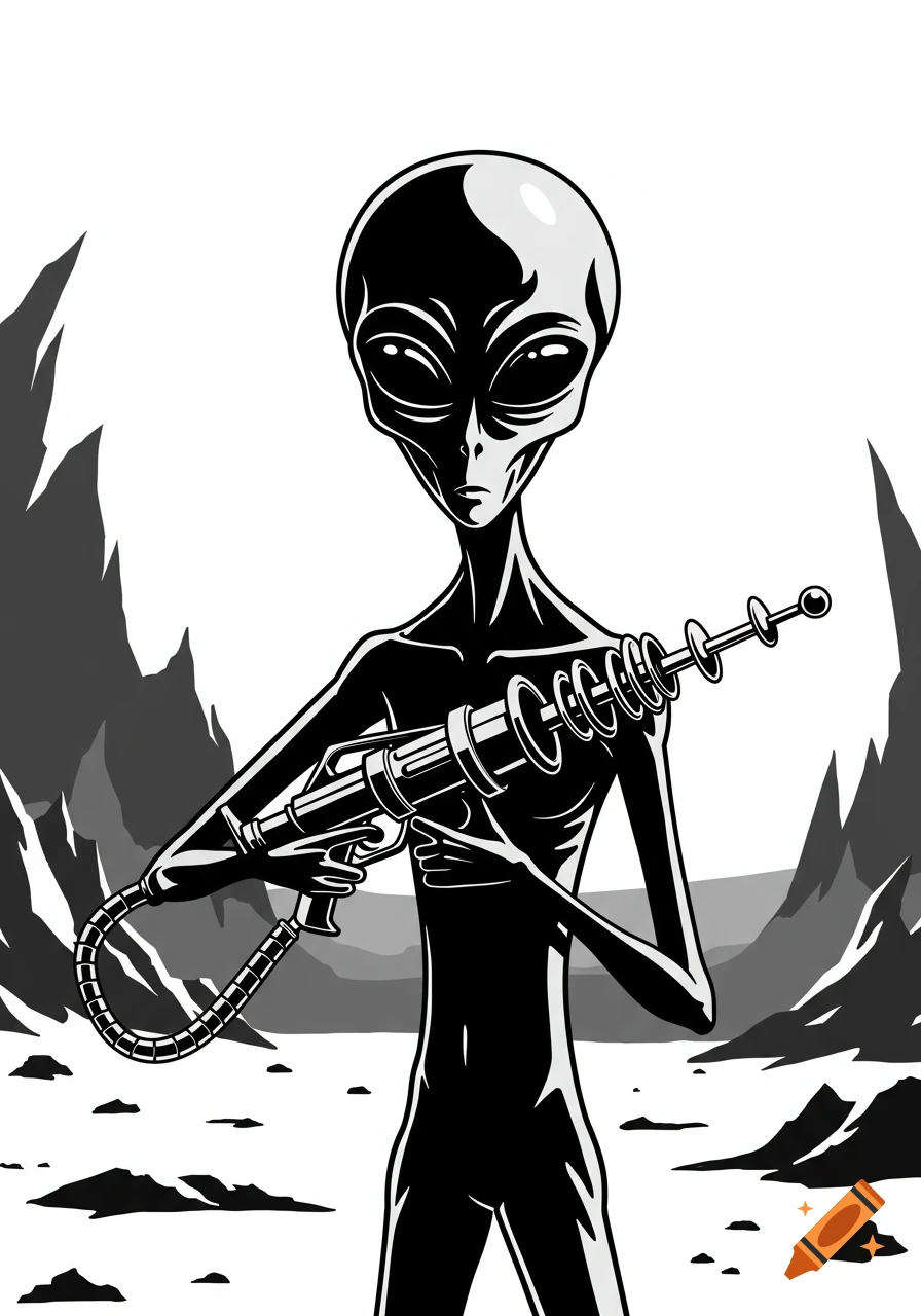 A black and white illustration of a grey alien holding a raygun in a rocky, barren landscape.