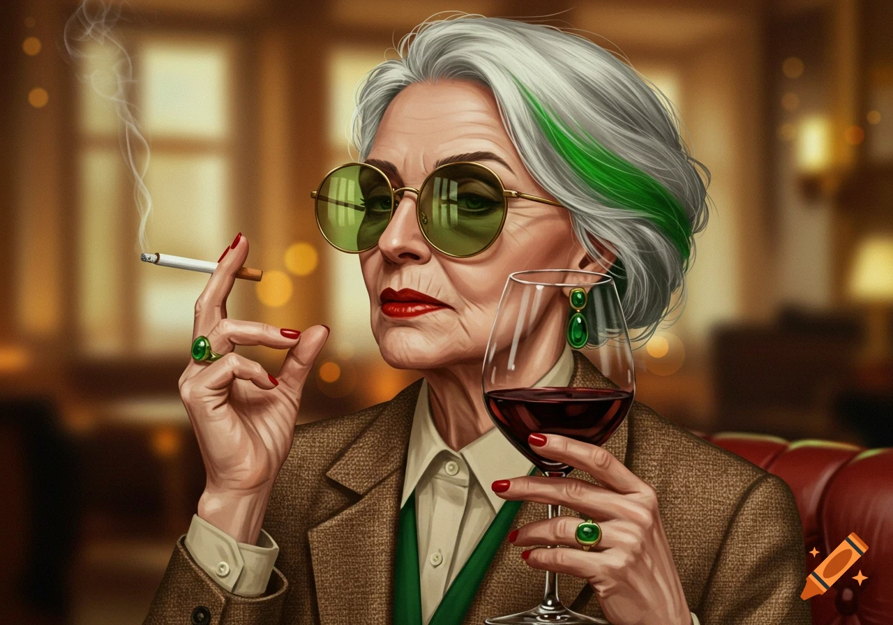 An elegant elderly woman with green streaks in her grey hair, round green sunglasses, smoking a cigarette and holding a glass of red wine.
