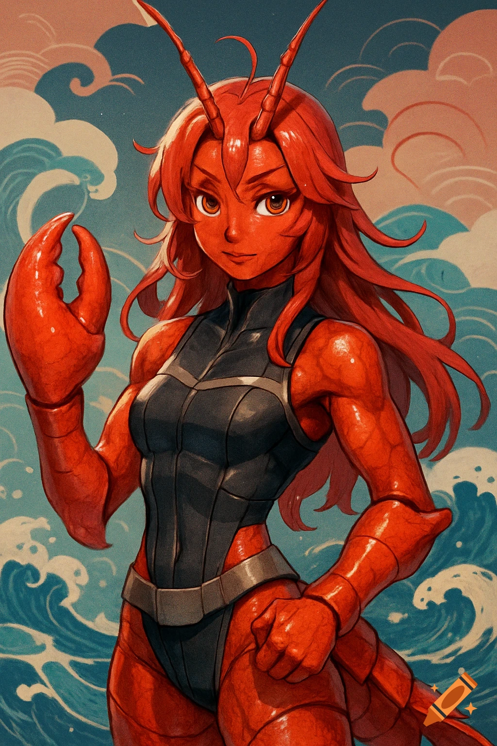 Anime human-lobster hybrid with red skin, long hair, antennae, one claw, and a dark suit against ocean waves.