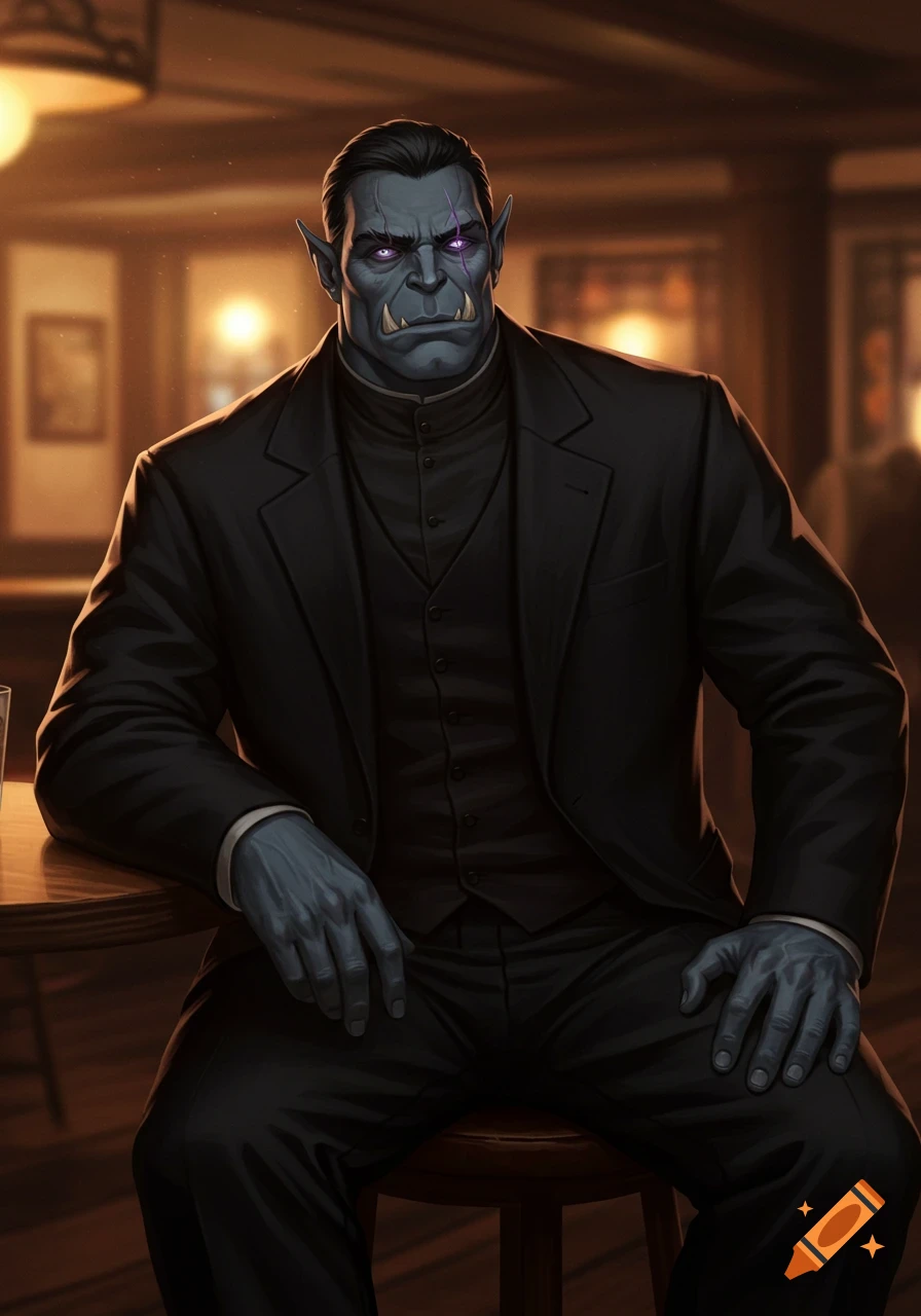 A digital illustration of a serious orc with gray-blue skin and glowing purple eyes, wearing a dark suit, sitting at a bar.