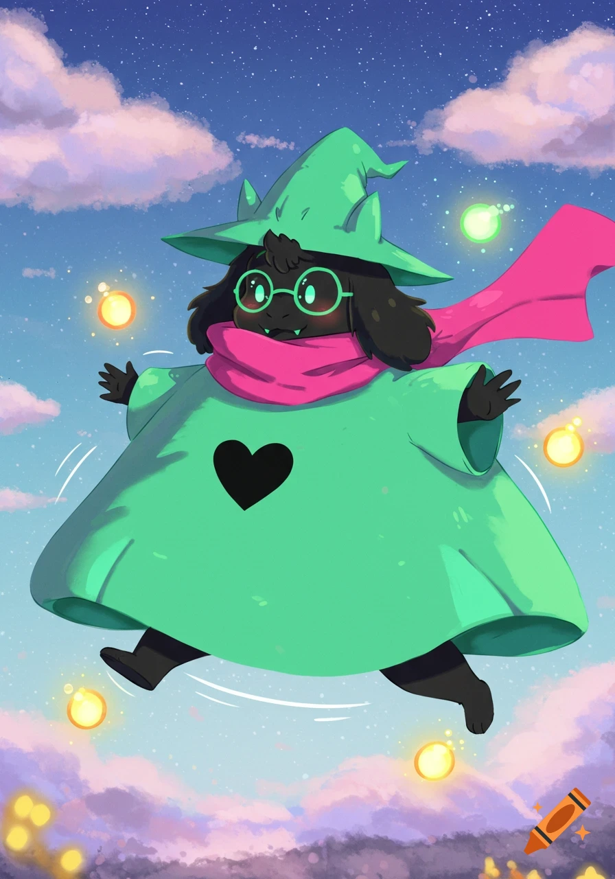 A cartoon Ralsei, inflated like a balloon, floats in a starry sky with pink and purple clouds and glowing orbs.