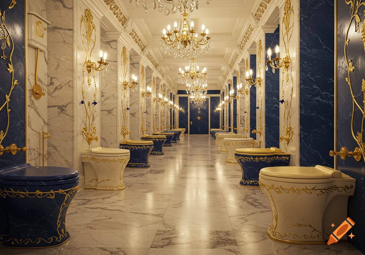 Photorealistic grand hall with marble floors, gold accents, and numerous luxurious blue and white toilets under chandeliers.