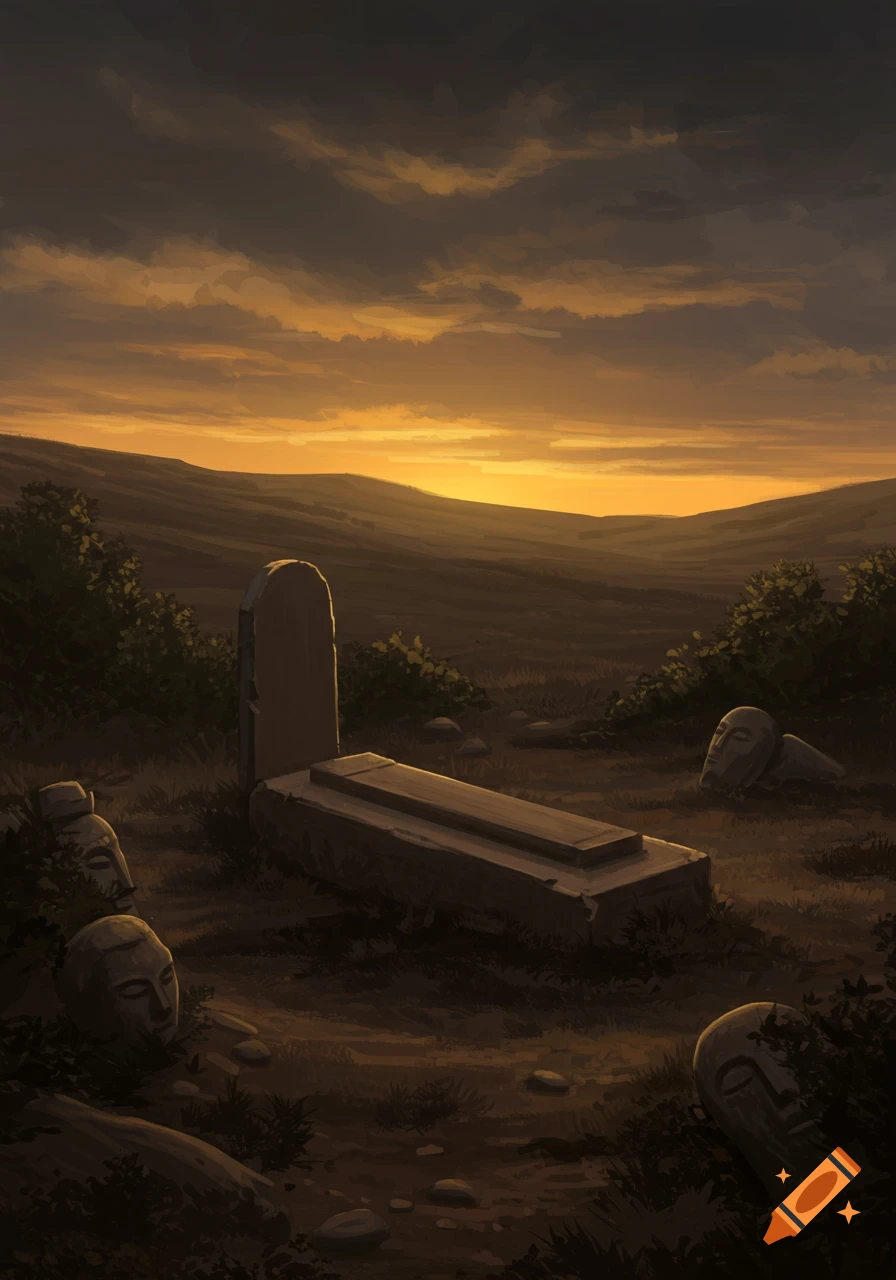 A desolate, dark landscape at sunset with a weathered tombstone and broken stone heads in the foreground, under a dramatic orange and grey sky.