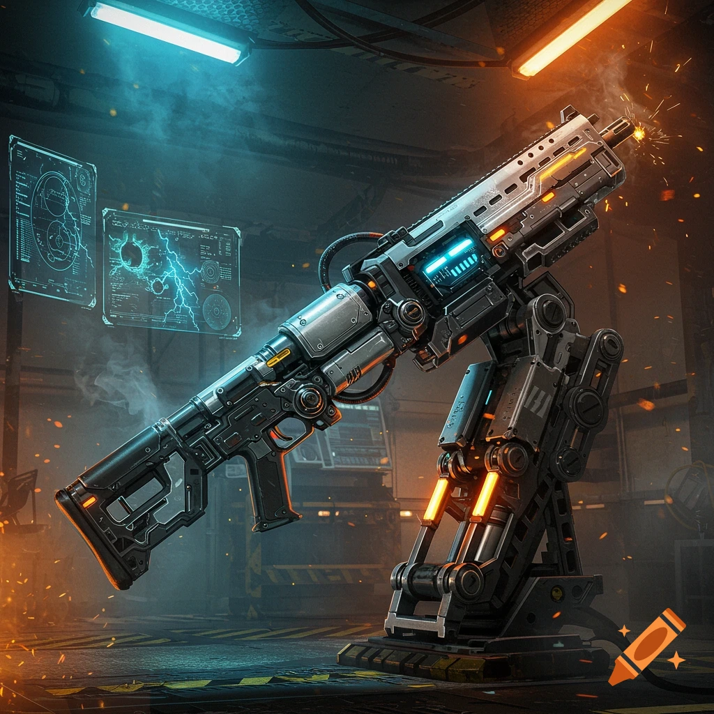 A large, futuristic sci-fi gun on an articulated robotic arm in a dark workshop with glowing blue and orange lights.
