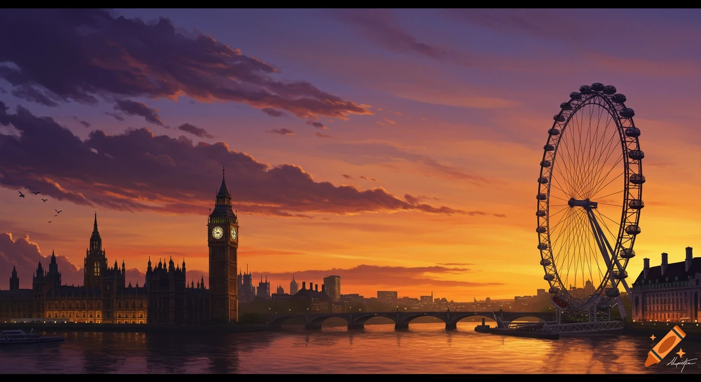Digital painting of London skyline at sunset with Big Ben, the Houses of Parliament, and the London Eye over the River Thames.