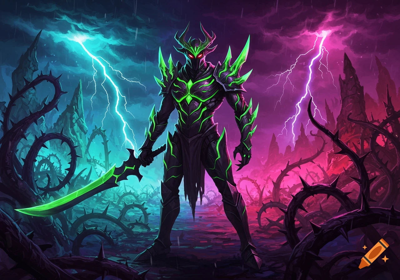 A dark fantasy warrior in black and glowing green armor with a sword stands in a stormy, thorny landscape with split blue and pink lightning.