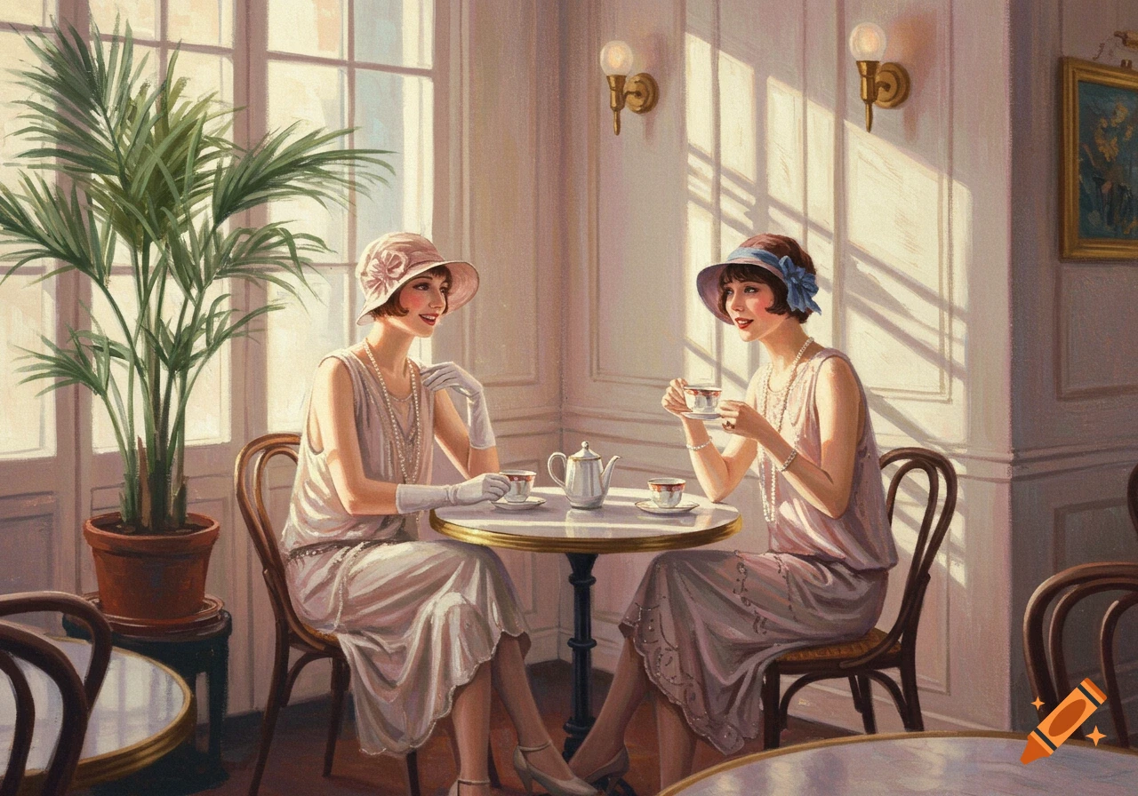 Two women in 1920s fashion chat and drink tea in a sunlit cafe, rendered in a pastel painting style.