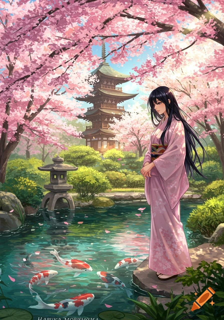 An anime-style woman in a pink kimono stands in a vibrant Japanese garden with cherry blossoms, a pagoda, and koi fish in a pond.
