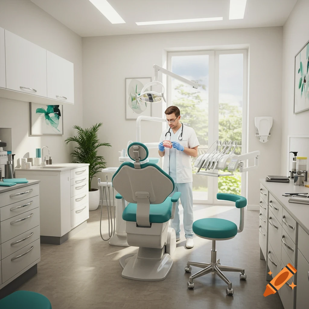 A photorealistic image of a male dentist in a modern clinic, examining a dental model.