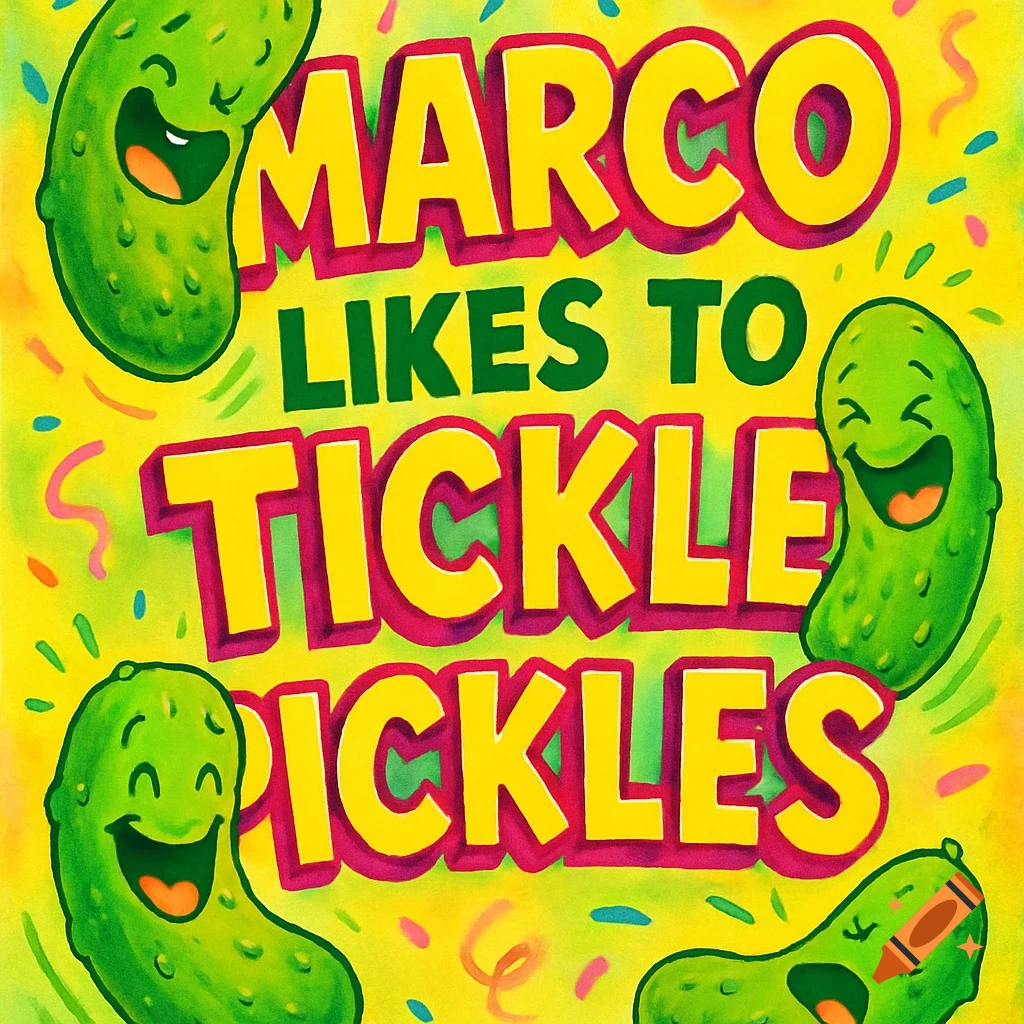 Bright cartoon flyer with smiling green pickles and bold yellow and pink text "MARCO LIKES TO TICKLE PICKLES".