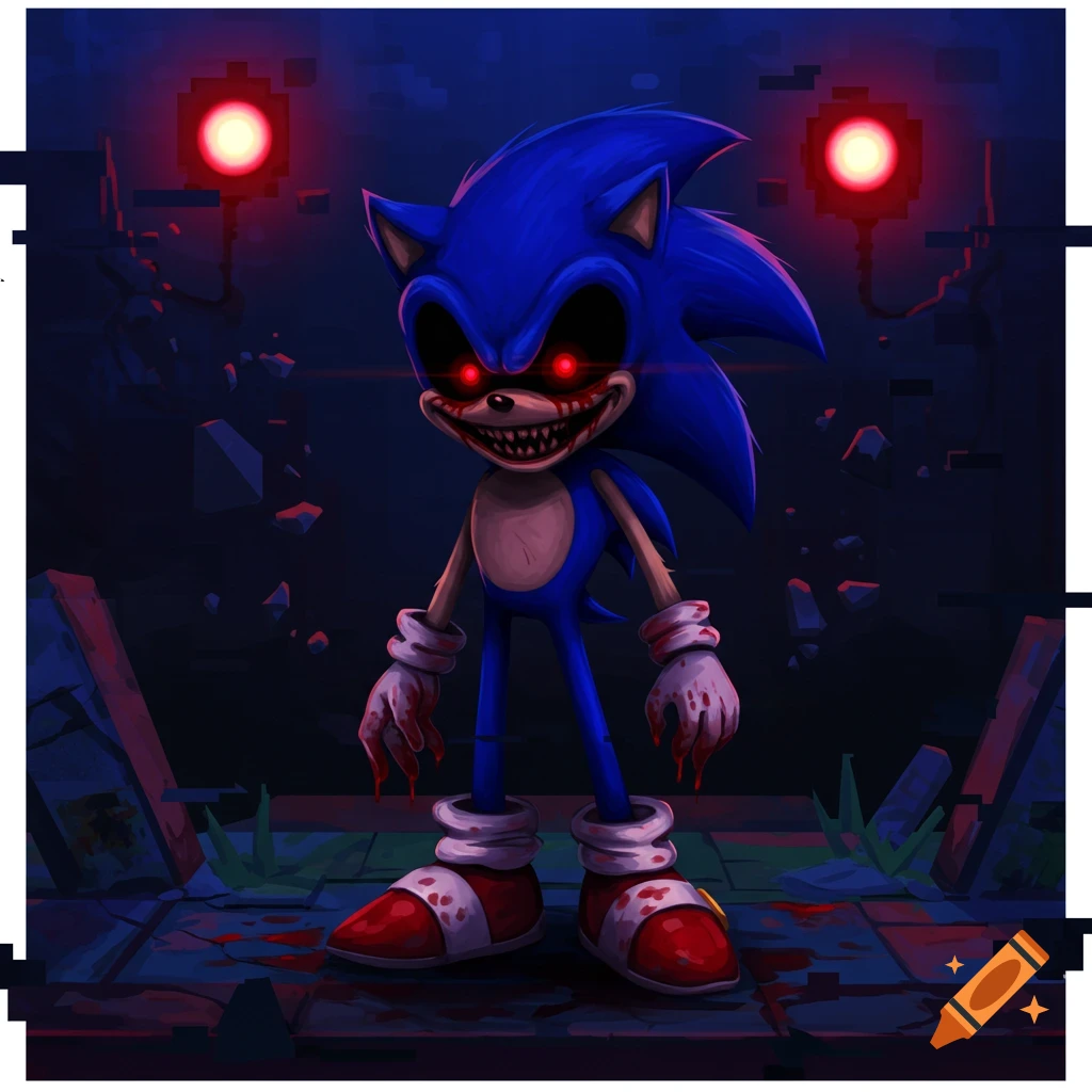 A creepy, blood-splattered Sonic.exe with red eyes and sharp teeth stands in a dark, ruined environment.