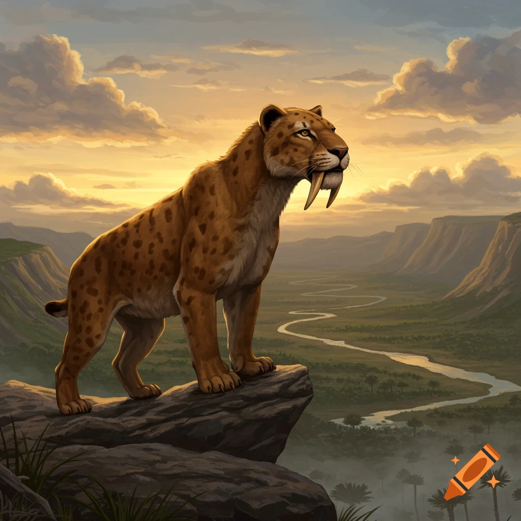 An illustrated saber-toothed tiger stands on a rock overlooking a vast, misty valley with a winding river at sunset.
