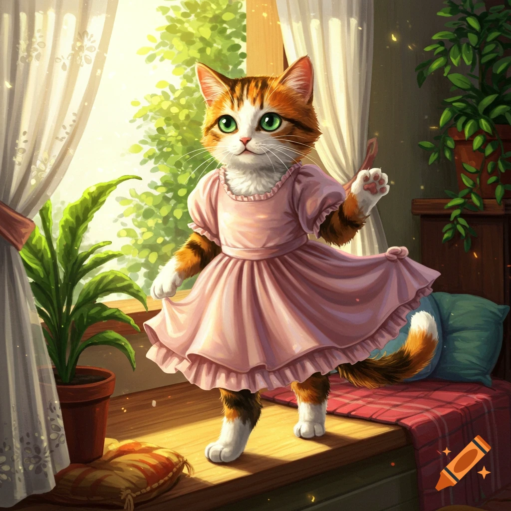 An illustrated calico cat in a pink dress stands by a sunny window with plants.