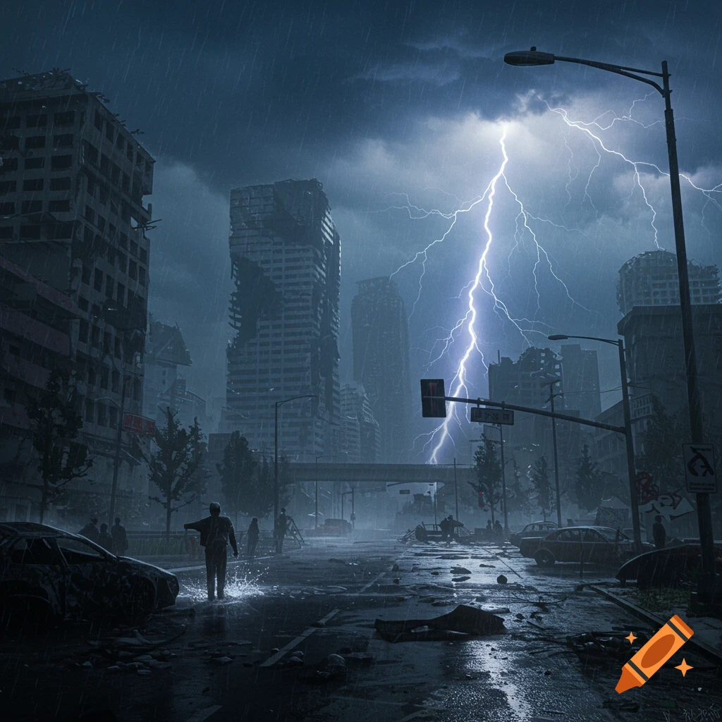 A storm rages over a ruined city street with collapsed buildings, a bright lightning strike, and a figure walking in the rain.