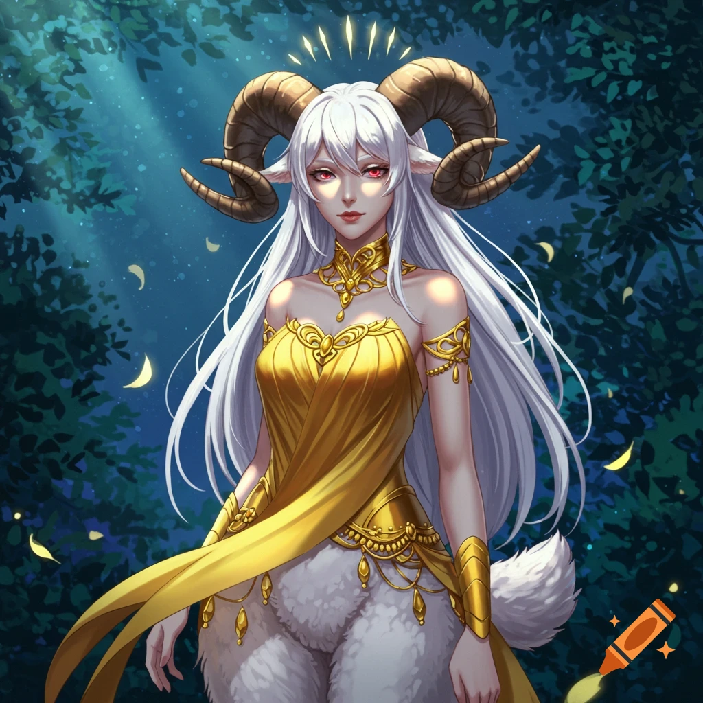 Anime satyress with white fur, long white hair, ram horns, and golden clothes in an enchanted forest.