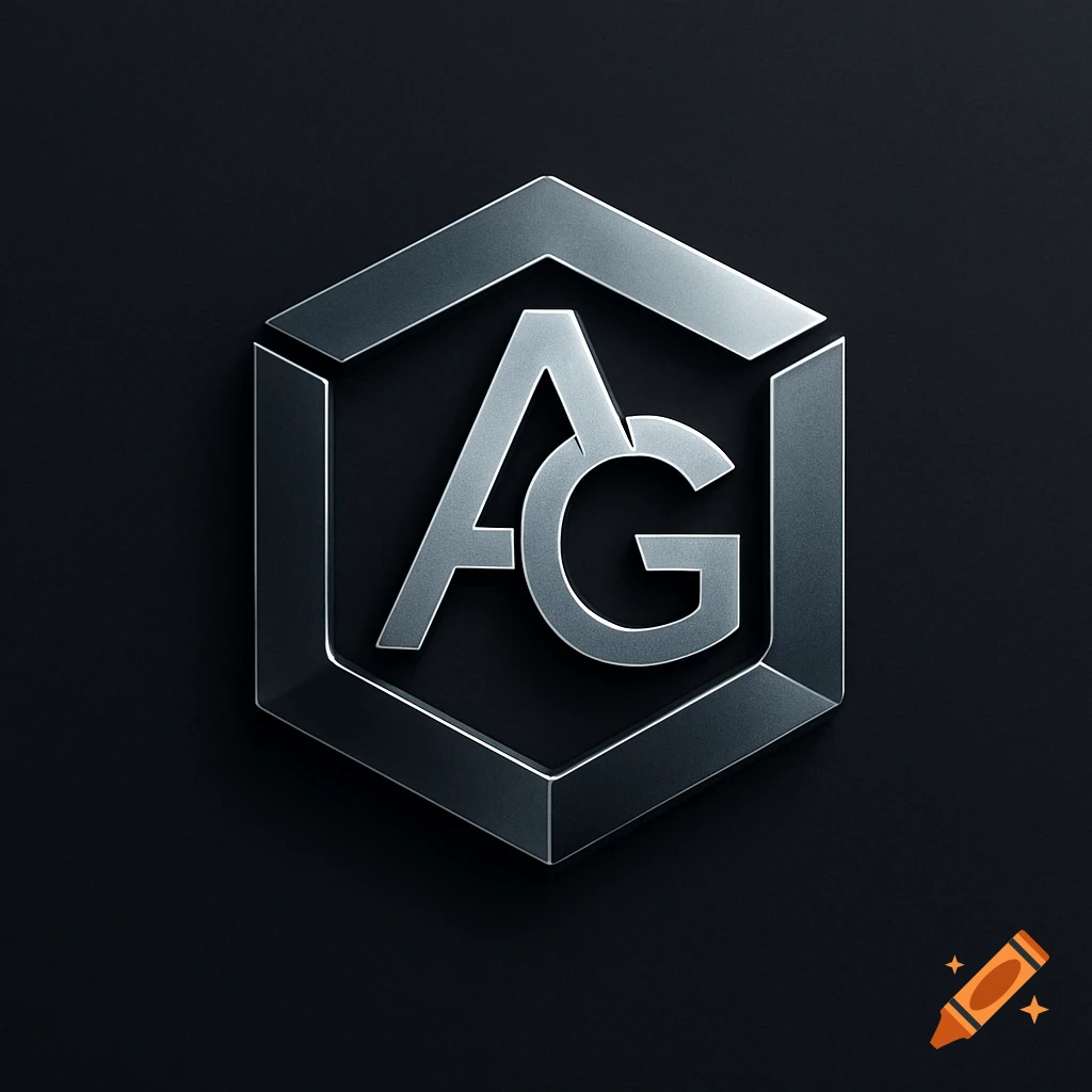 Metallic silver 'AG' logo inside a hexagonal frame on a dark background, in a luxury tech style.