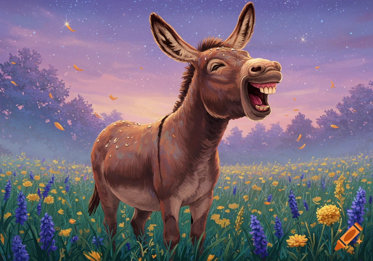 A cartoonish brown donkey with a wide, laughing smile stands in a vibrant field of wildflowers under a starry twilight sky.