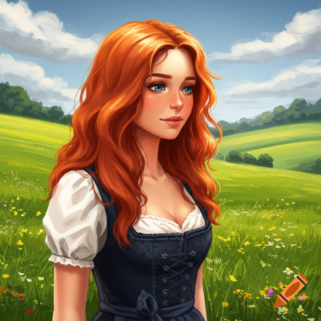 Digital art of a woman with red wavy hair in a traditional German dirndl, standing in a green field with wildflowers under a blue sky.