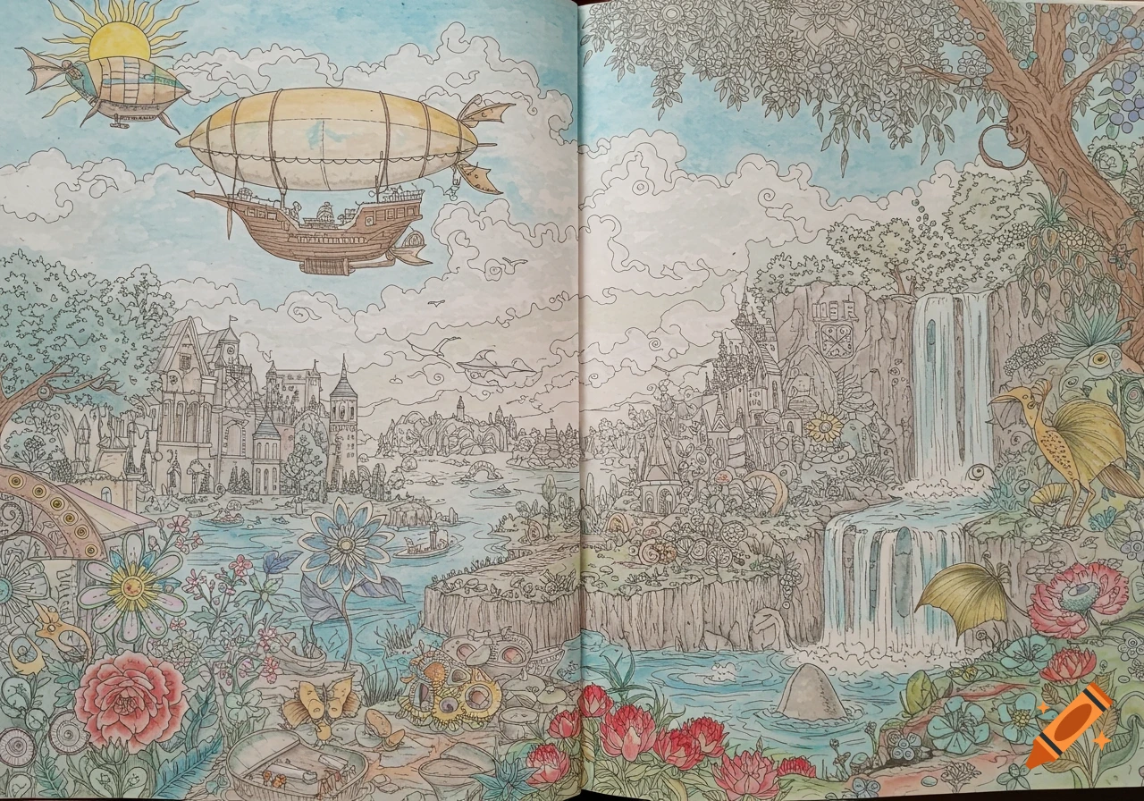A detailed, partially colored steampunk fantasy landscape with airships, castles, waterfalls, and whimsical nature elements.