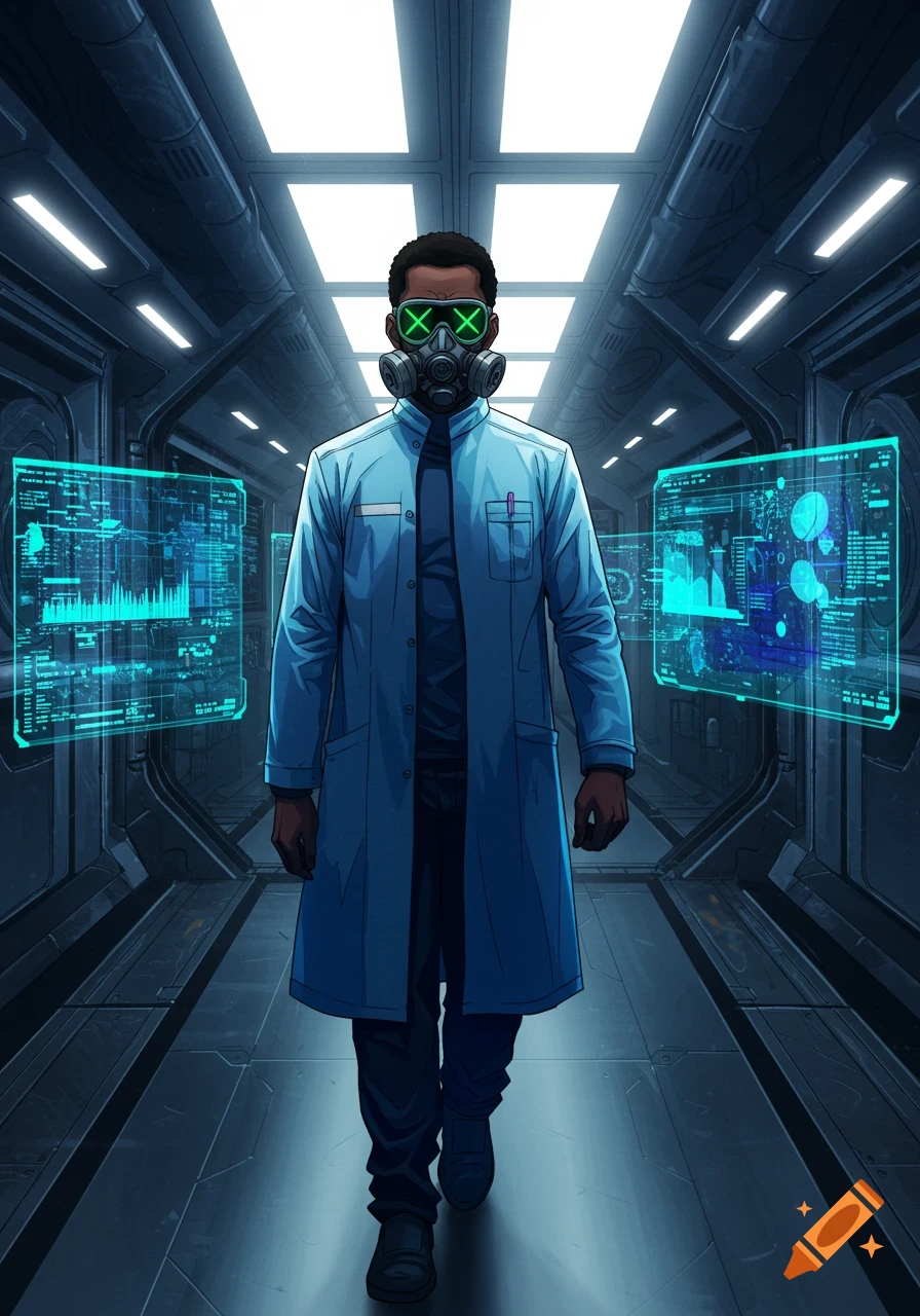 Anime-style African American scientist in a gas mask walks down a futuristic lab hallway with holographic screens.