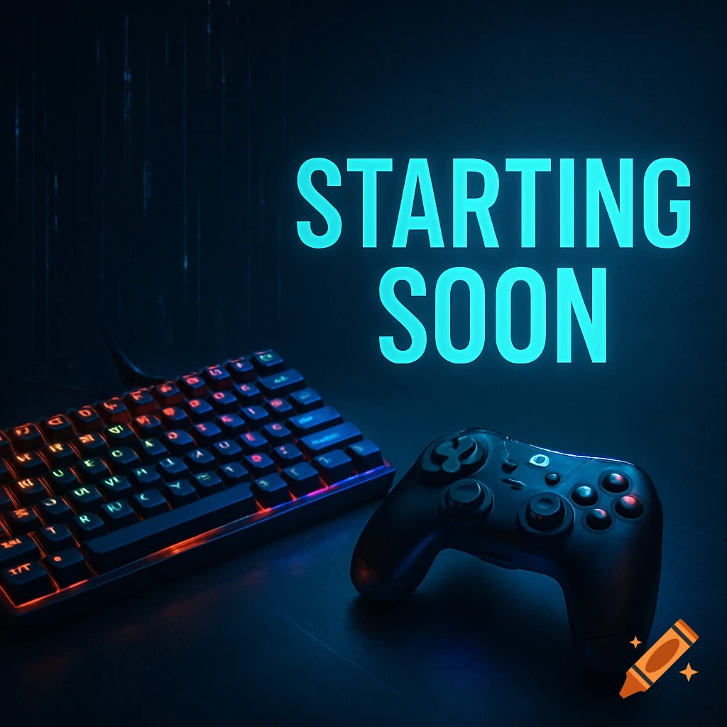 A gaming setup with a backlit keyboard and game controller, with glowing blue text 'STARTING SOON' on a dark background.