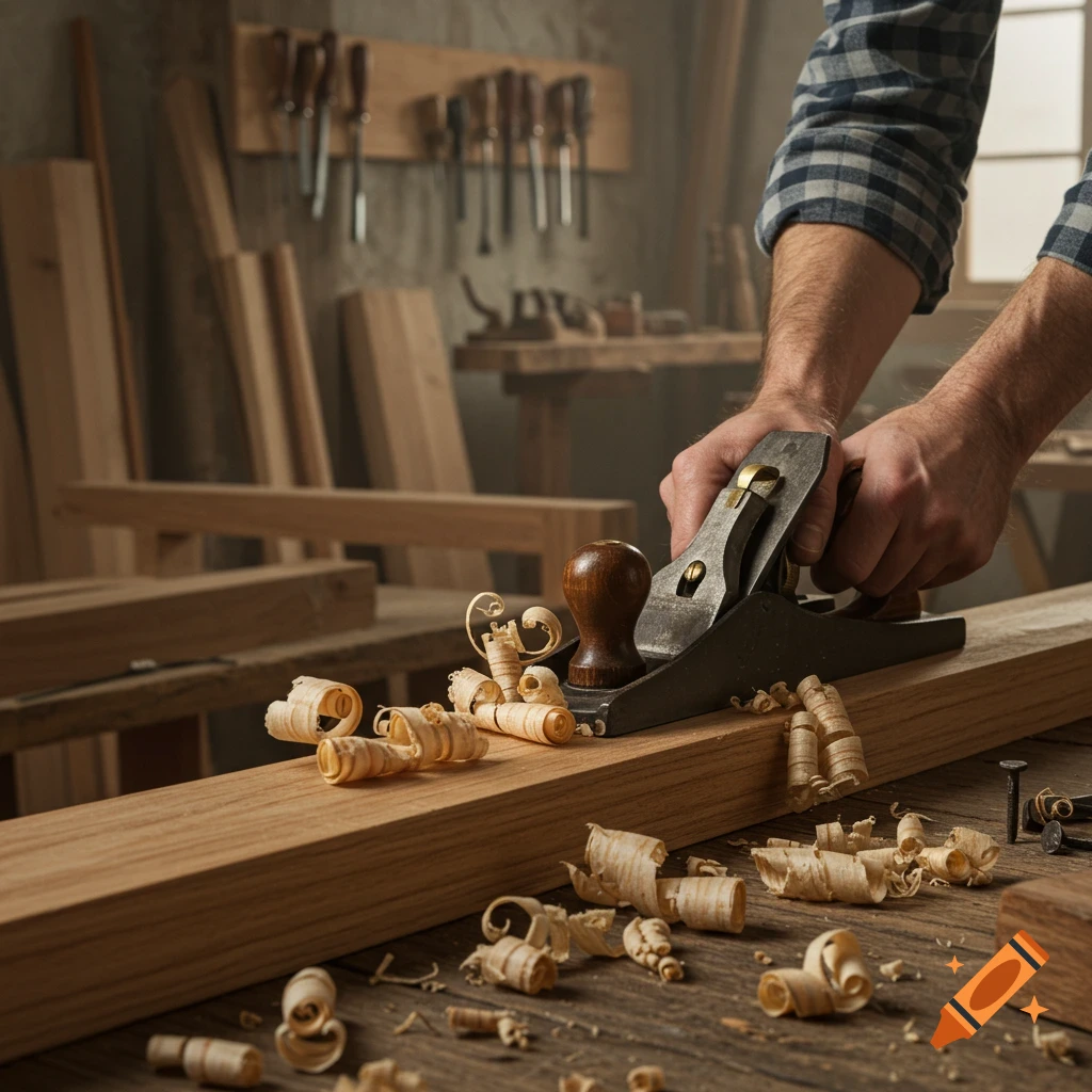 Hands using a hand plane to smooth a wooden plank in a sunlit workshop, with wood shavings.
