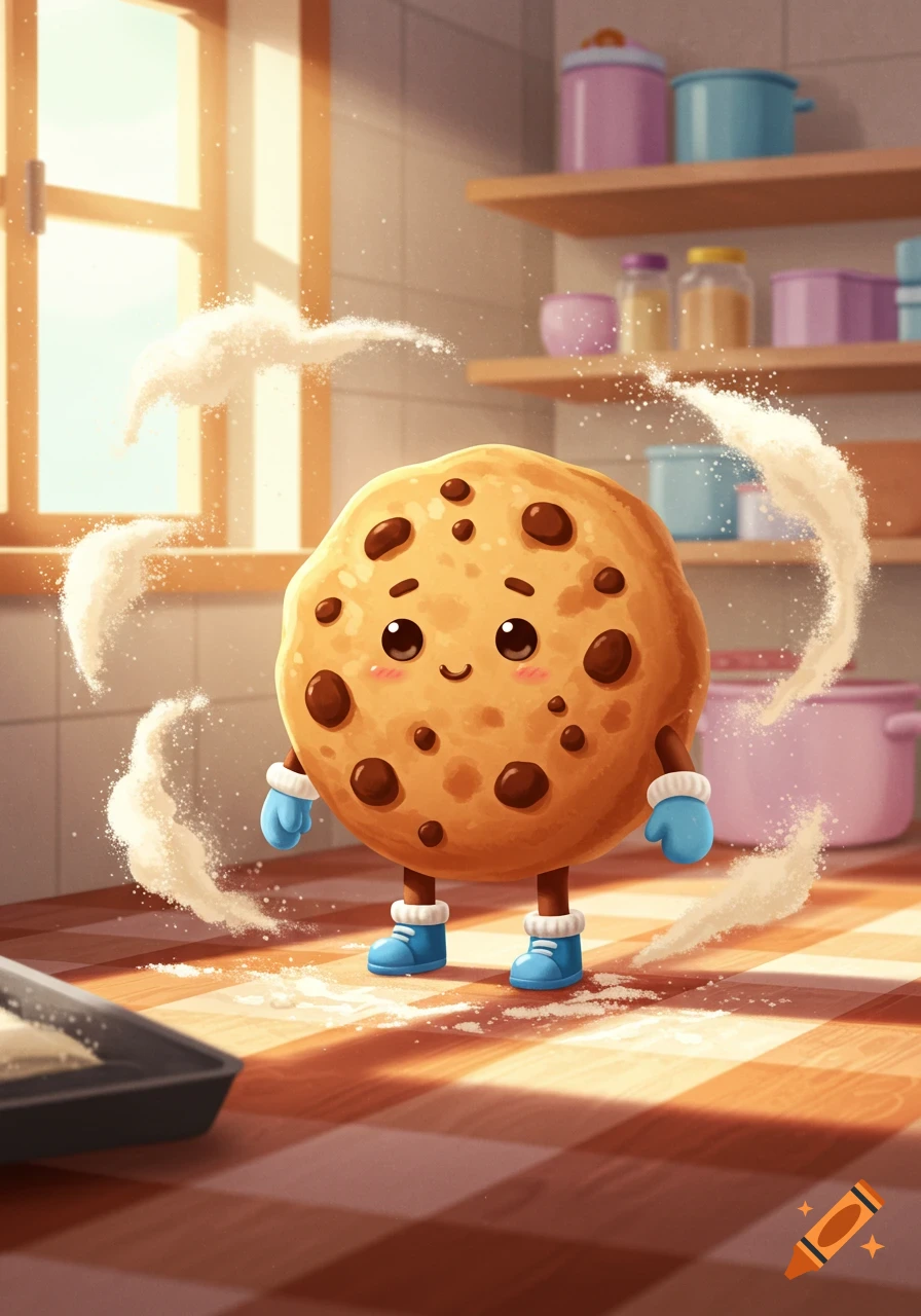 A cute cartoon chocolate chip cookie character with blue gloves and boots stands in a sunlit kitchen, surrounded by swirling flour.