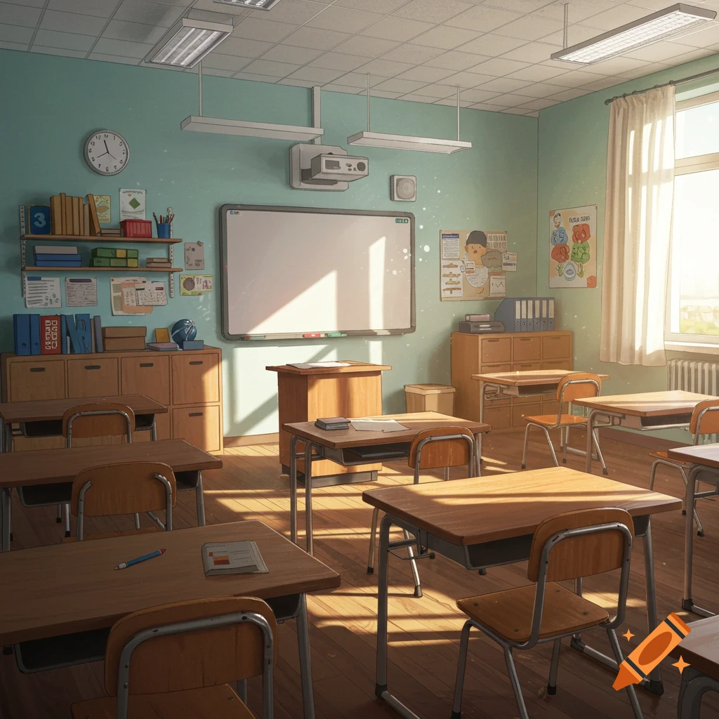 An empty, bright classroom with wooden desks and chairs, a whiteboard, shelves, and sunlight streaming through a large window, in an anime style.