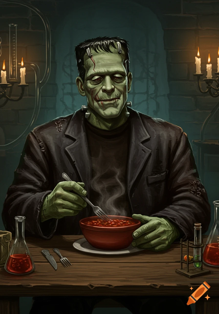 Stylized illustration of Frankenstein's monster eating chili at a wooden table in a gothic, candlelit laboratory.