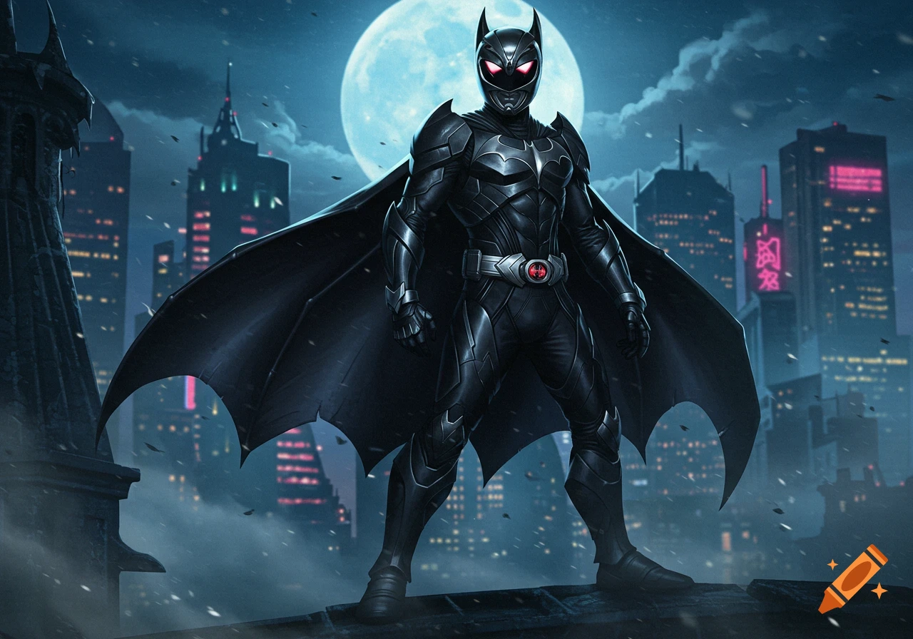 A dark armored Batman-style Power Ranger stands on a rooftop against a city skyline and full moon at night.