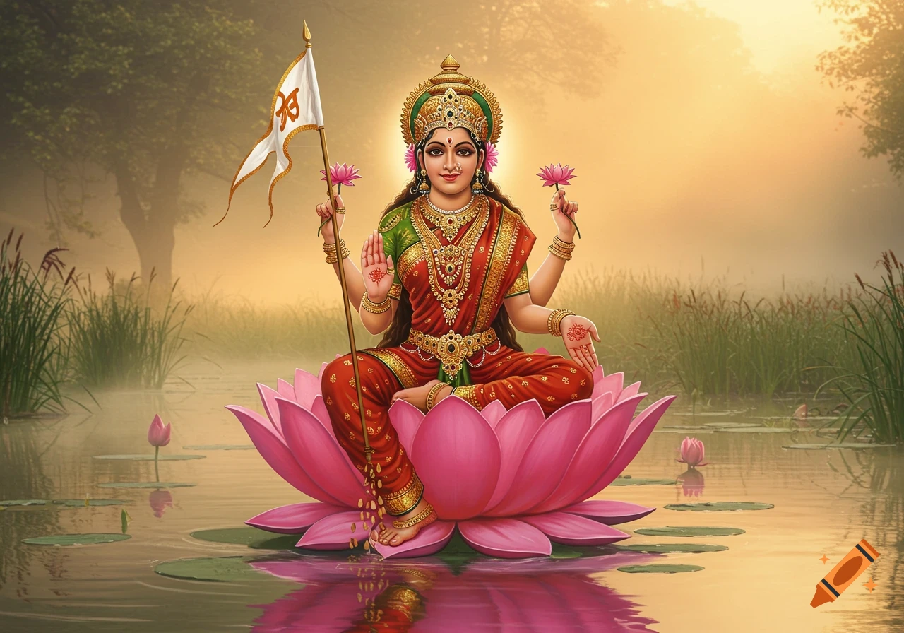 Four-armed Hindu goddess Adi Lakshmi in red and green, adorned with jewelry, seated on a pink lotus in water, holding a flag and lotus flowers, with a misty golden background.