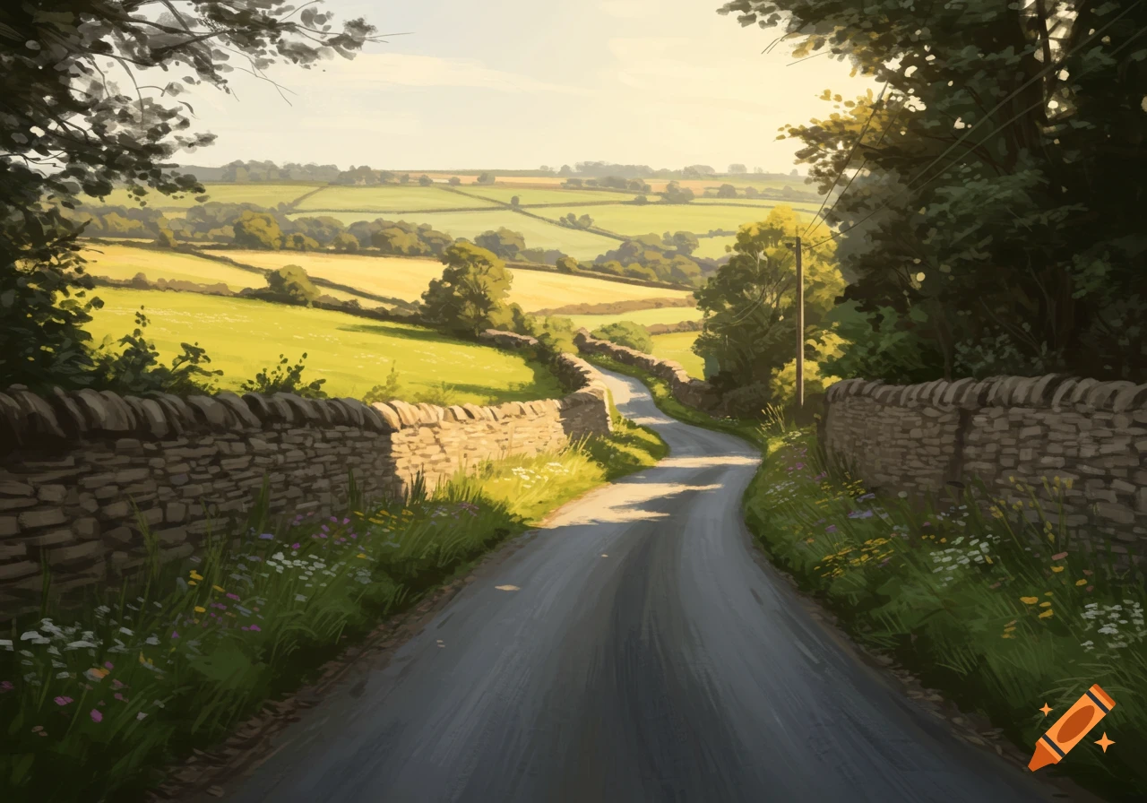 A winding country road bordered by stone walls and green fields with distant trees under a bright sky, in a painterly style.