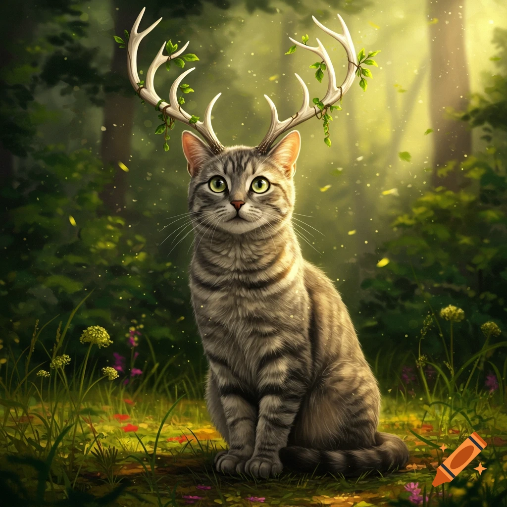 A photorealistic tabby cat with deer antlers adorned with green leaves sits in a sunlit fantasy forest.