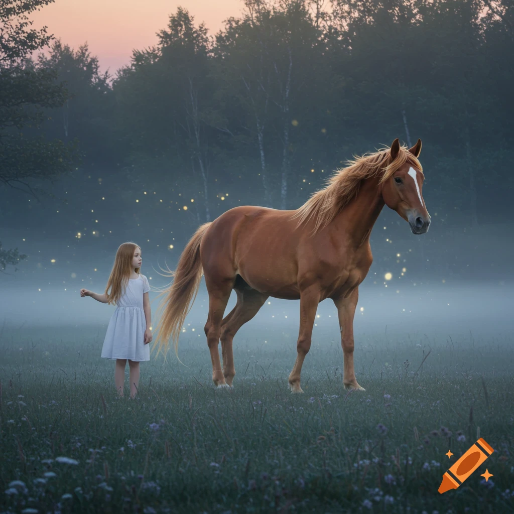 A young girl and a brown horse stand together in a mystical, foggy forest clearing with glowing light specks during sunset.