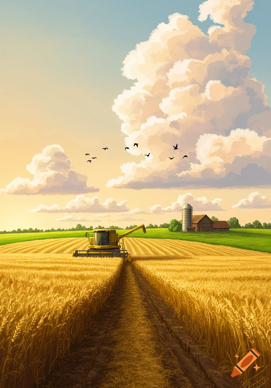 Stylized illustration of a yellow combine harvester cutting golden wheat in a vast field, with a farm and silo under a cloudy sky.