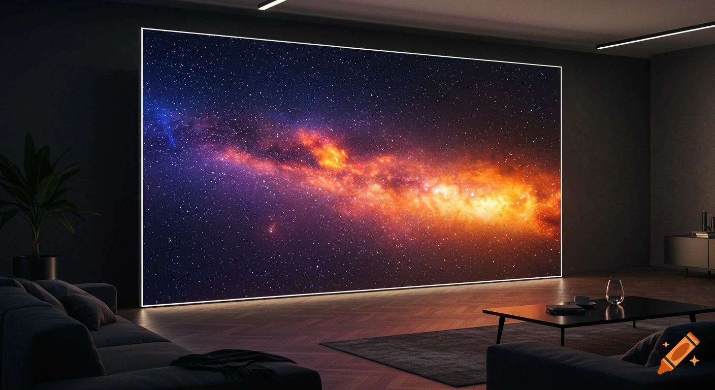 A modern living room featuring a massive screen displaying a vibrant galaxy, evoking a home theater experience.