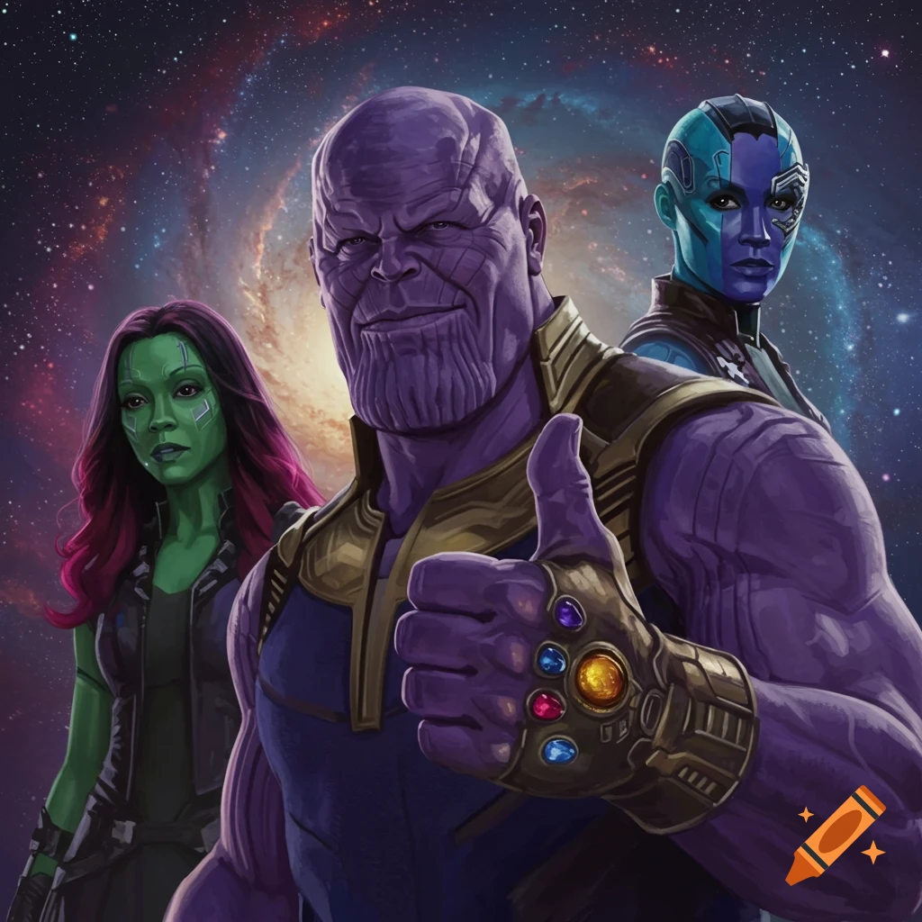 Digital painting of Thanos giving a thumbs up, with Gamora and Nebula behind him against a galaxy background.
