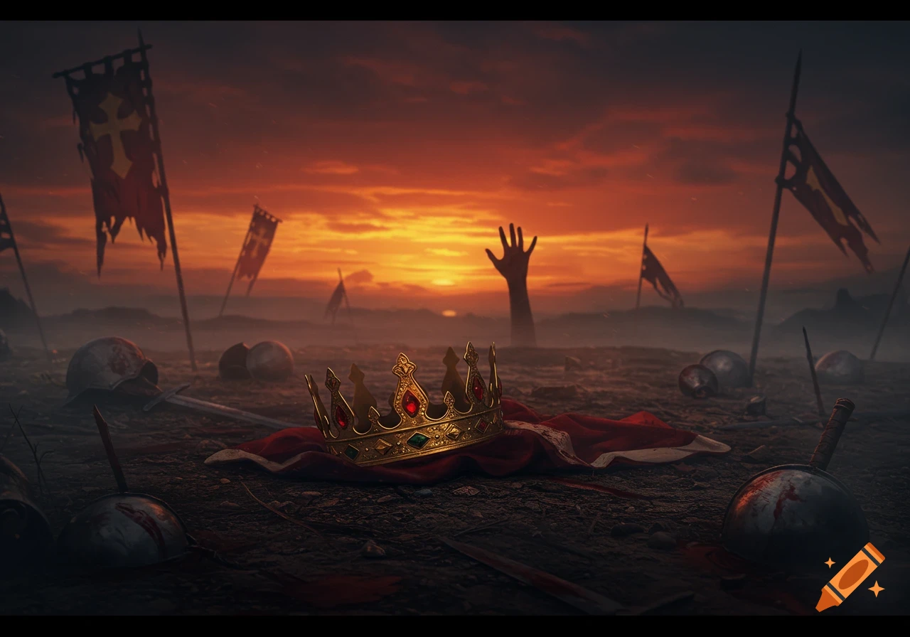 A golden crown rests on a red cloth on a desolate, muddy battlefield at sunset, surrounded by armor, tattered flags, and a hand reaching from the ground.