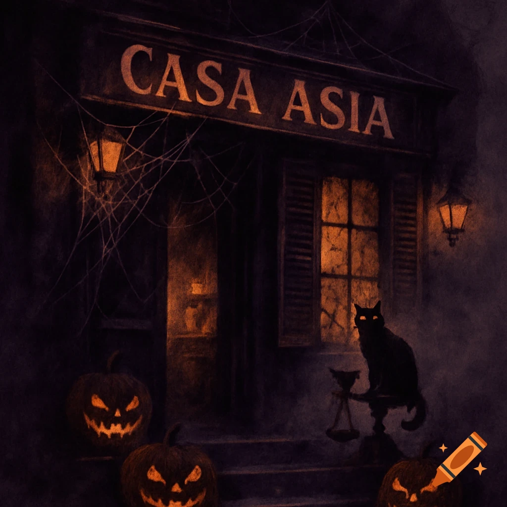 Dark, spooky Halloween illustration of a storefront called 'CASA ASIA' with glowing jack-o'-lanterns, a black cat, and spiderwebs.