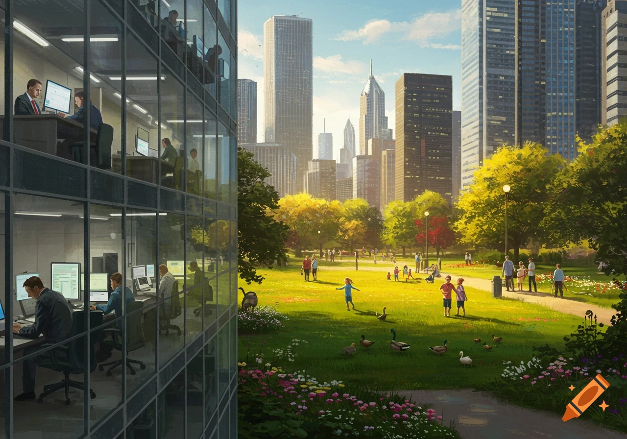 Split scene with office workers in a glass building and a sunny park with people and ducks, against a city skyline.