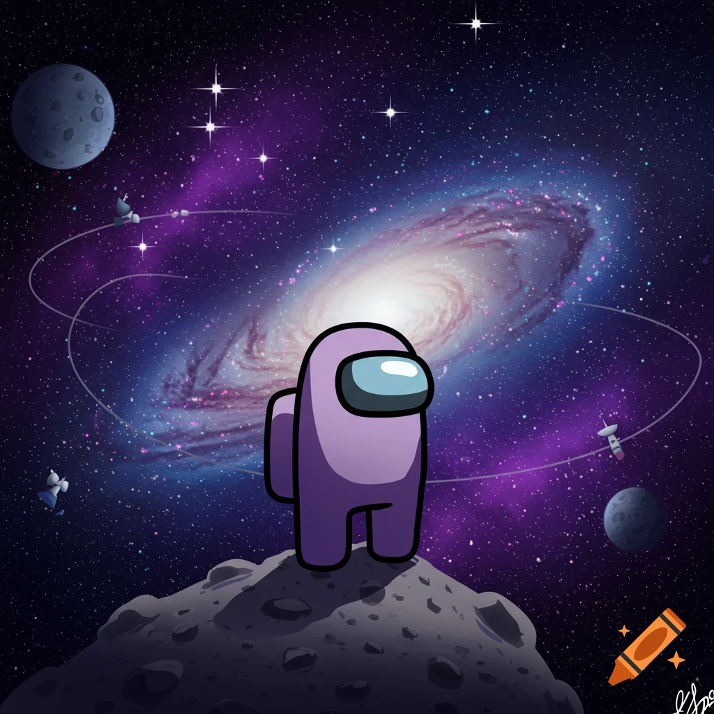 A purple Among Us character stands on a rocky moon, looking out at a vibrant galaxy with stars and planets in the background in a cartoon style.