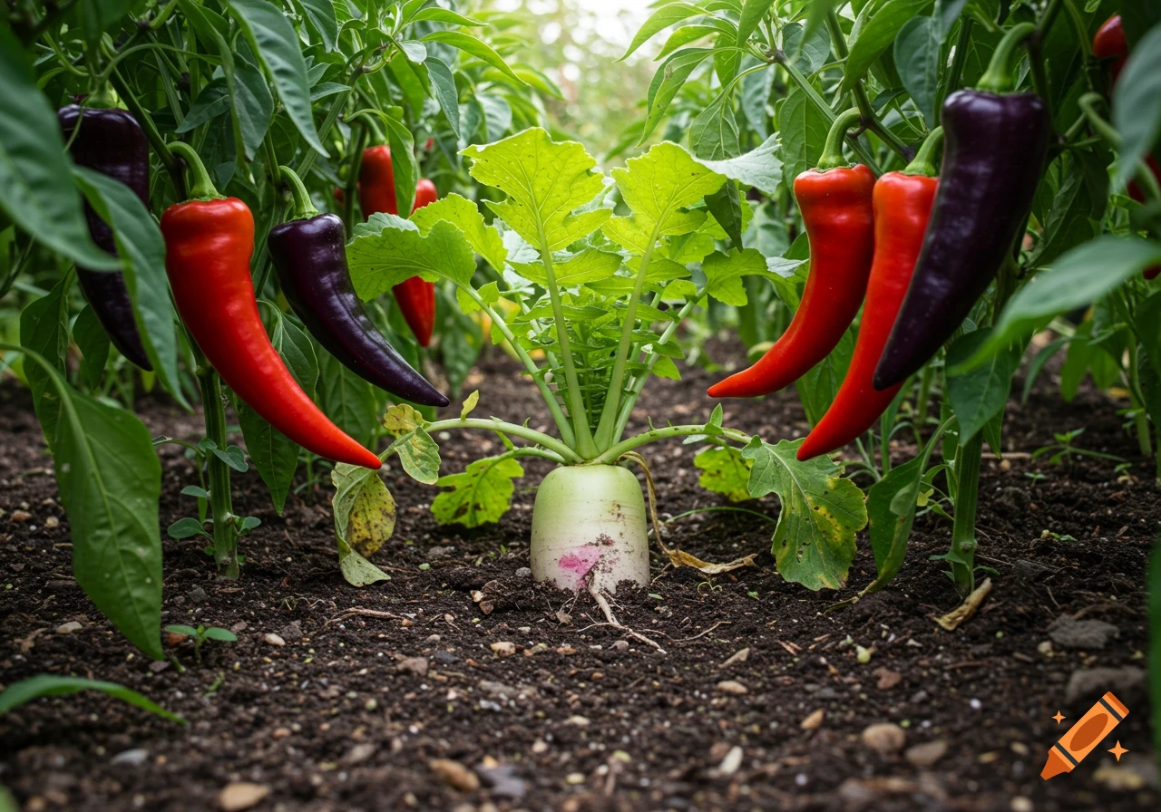 Photorealistic image of red and purple peppers growing in a garden with a radish plant in the center.